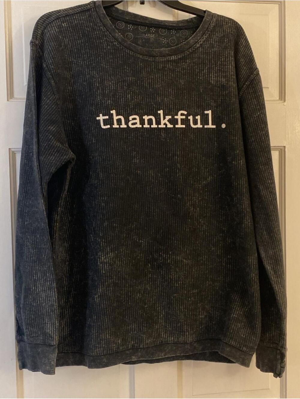 Unisex Grey Ribbed Thankful Logo Long Sleeve 100% Cotton Graphic Sweatshirt- L